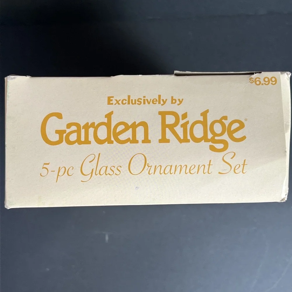 VTG Garden Ridge Glass Ball Gold Glitter Iridescent Stenciled Ornaments Set 5